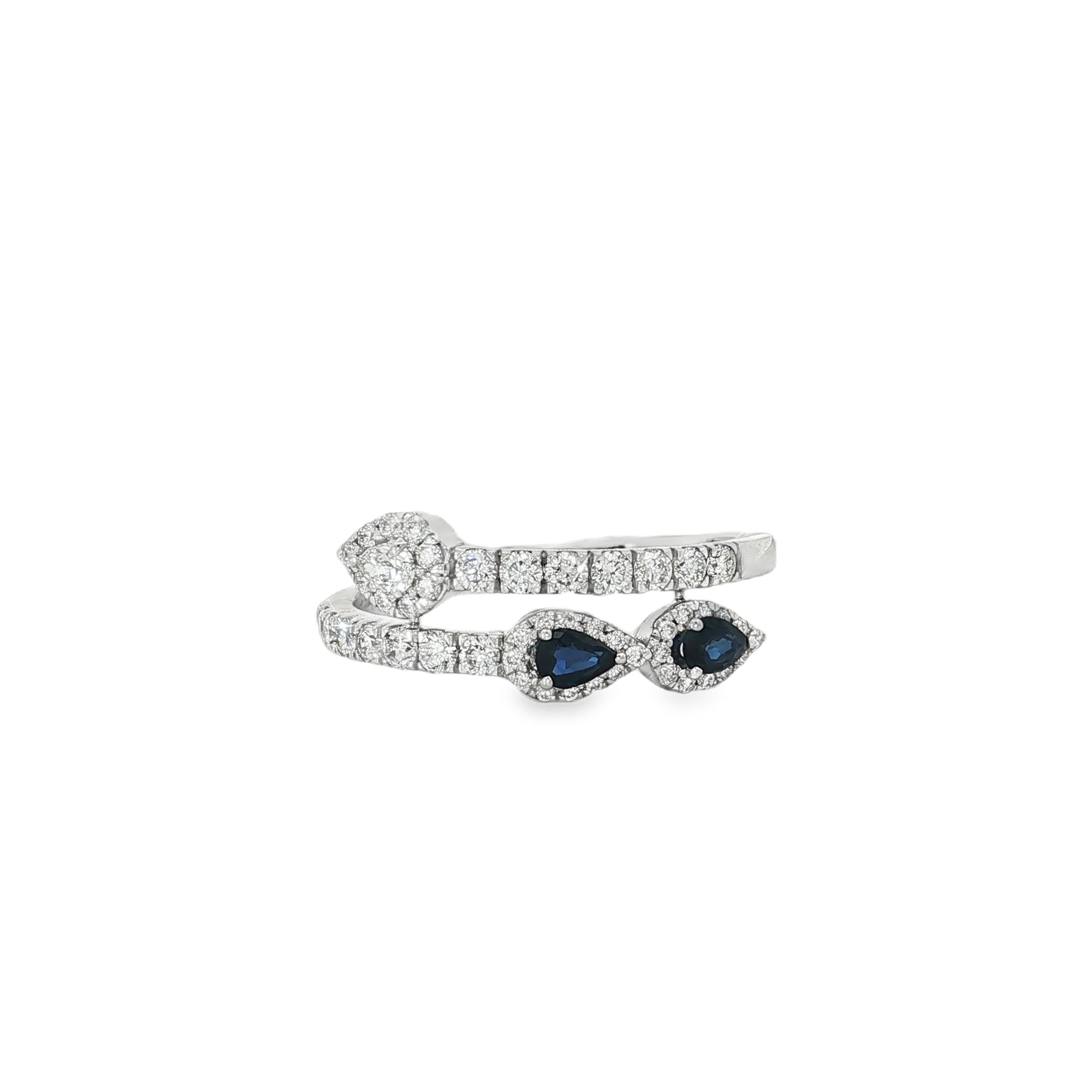 White gold bypass ring with pear sapphires and diamond halos