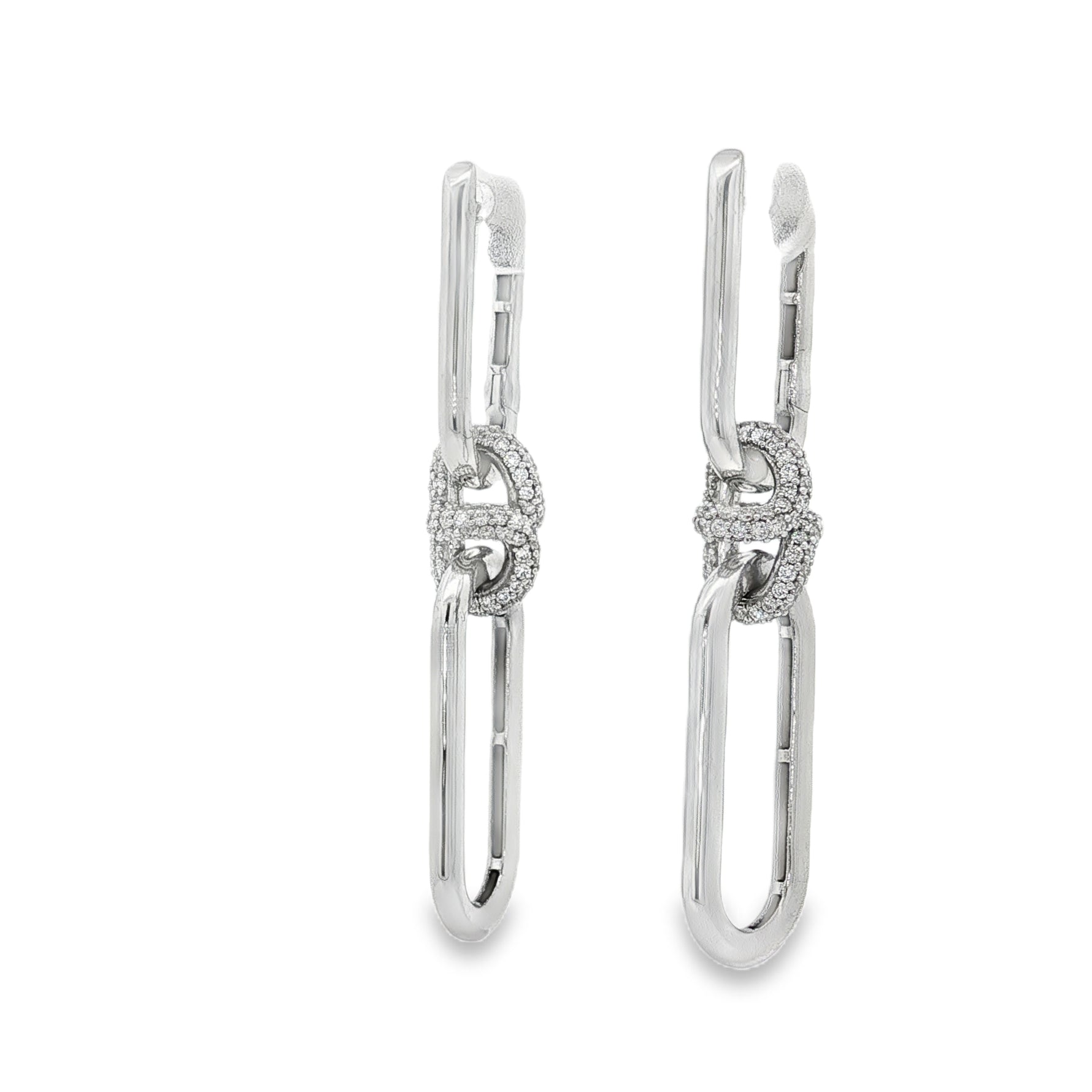 White gold chain-link dangle earrings with round diamond detailing