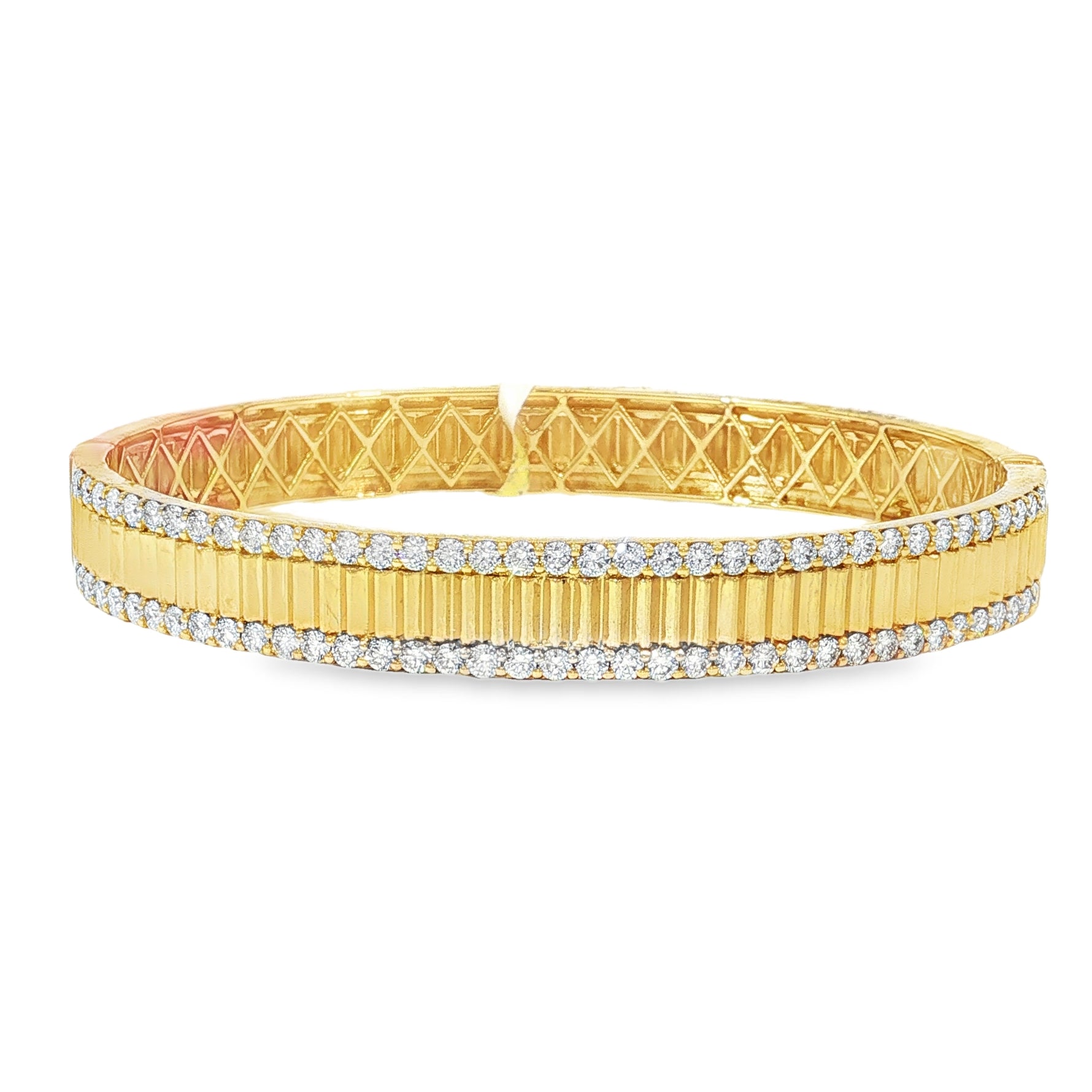 Ribbed Diamond Yellow Gold Bangle front view