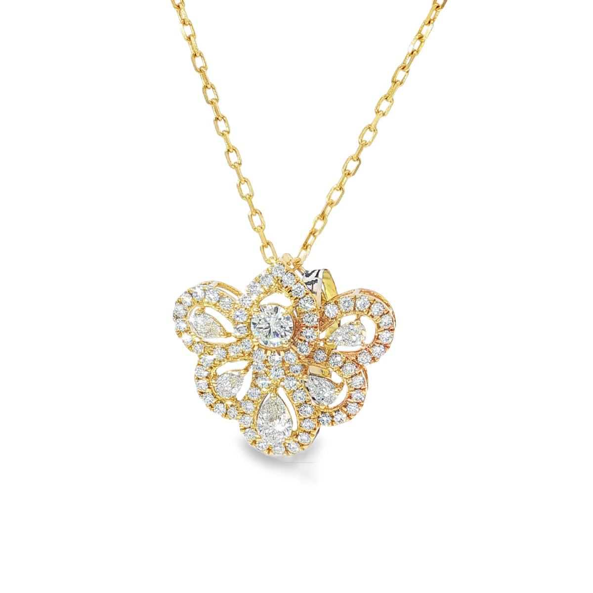Pear Diamond Rosette Yellow Gold Pendant front view