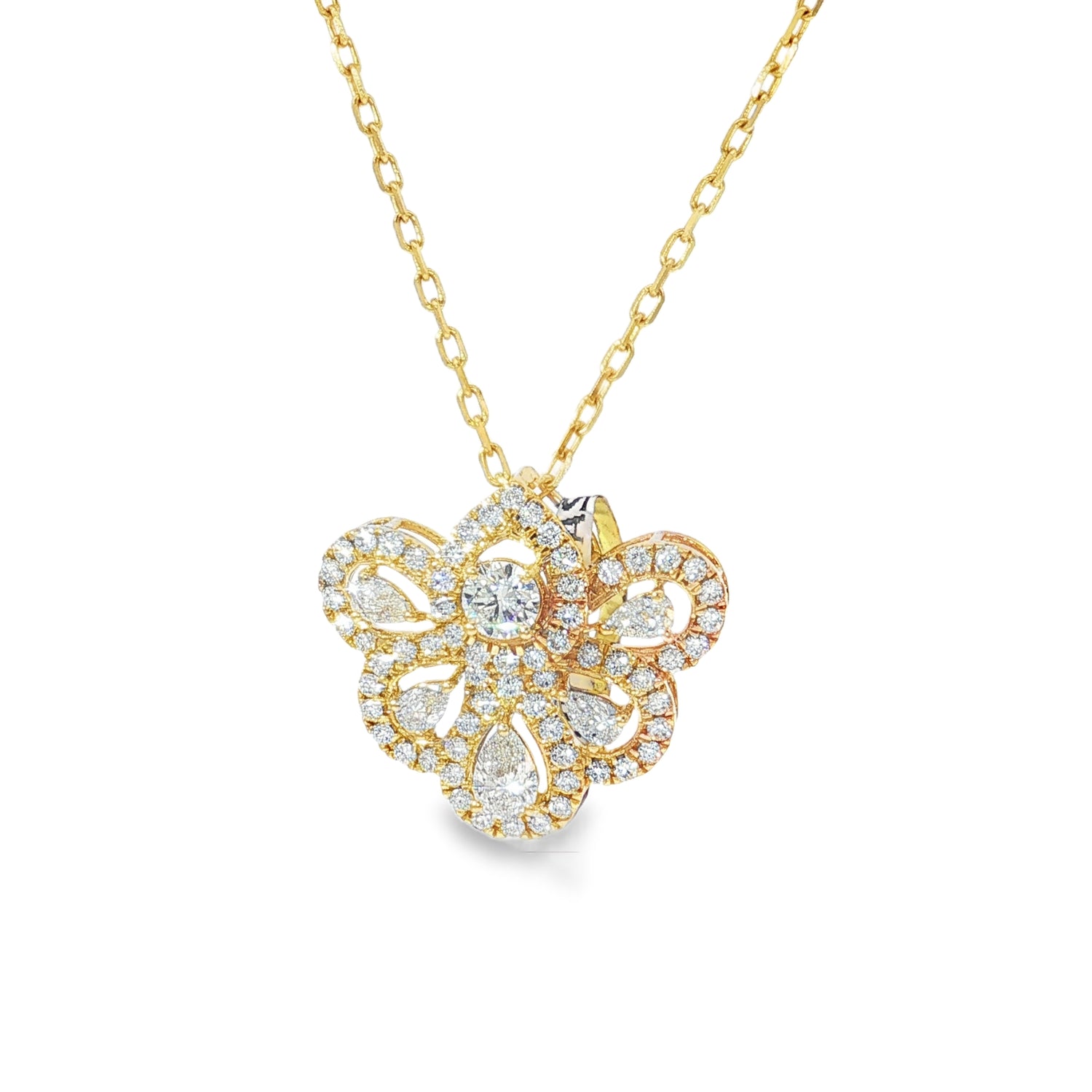 Pear Diamond Rosette Yellow Gold Pendant front view