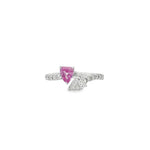 White gold open ring with pink sapphire, pear diamond and diamond-set band