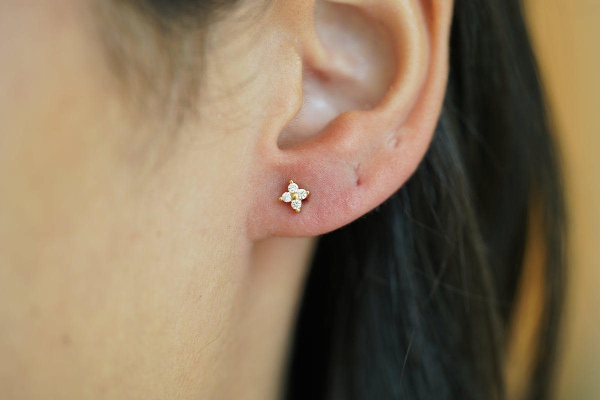 Diamond Flower Yellow Gold Stud Earrings - additional view
