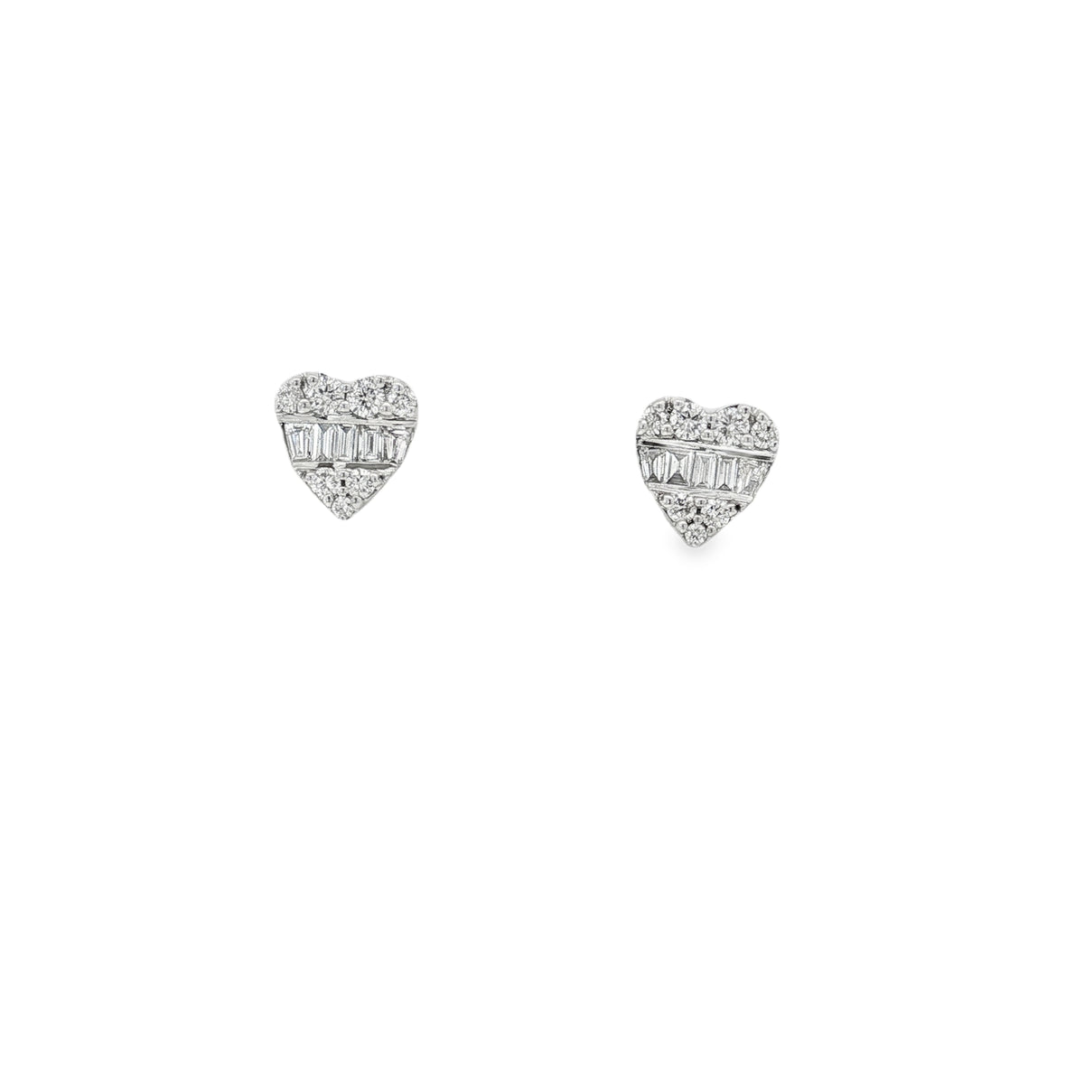 White gold heart stud earrings with central baguette rows and round diamonds
