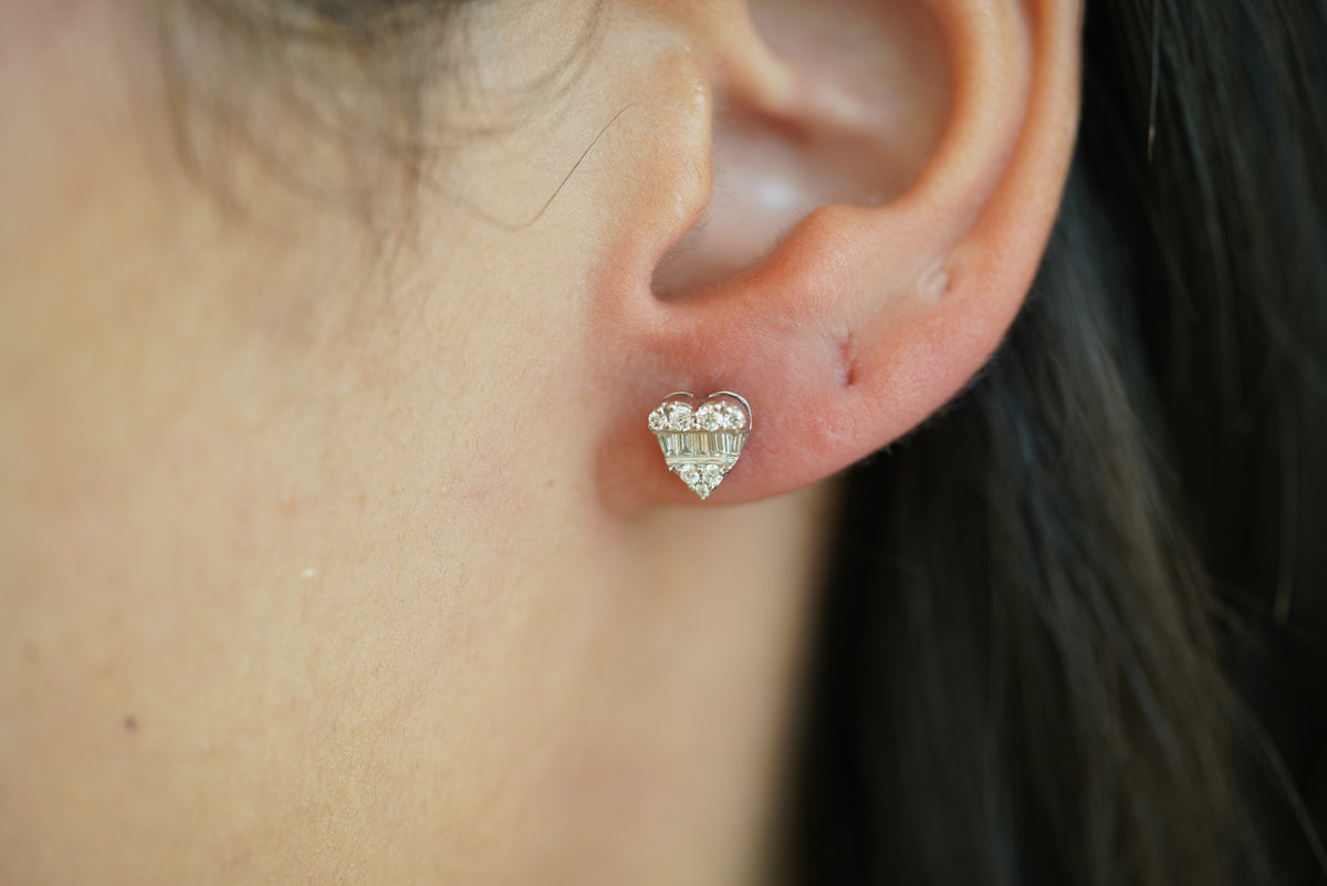Heart Diamond Baguette-Row Stud Earrings - additional view