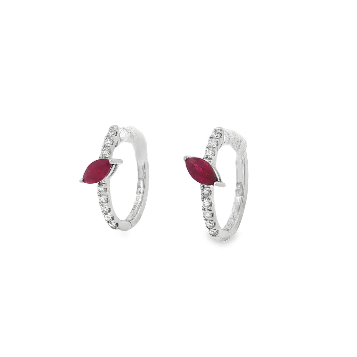 White gold diamond hoop earrings with sideways marquise-shaped ruby accents