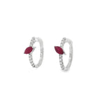 White gold diamond hoop earrings with sideways marquise-shaped ruby accents