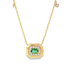 Yellow gold necklace with emerald, octagonal diamond halo centrepiece and chain accents