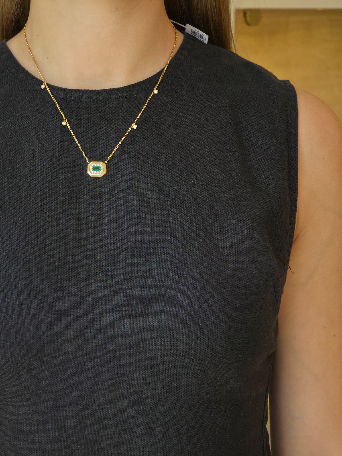 Emerald Octagonal Halo Yellow Gold Necklace - additional view