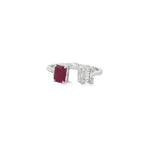 White gold open ring with rectangular ruby opposite a rectangular diamond cluster