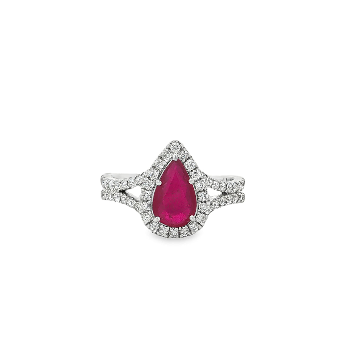 White gold pear-shaped ruby ring with diamond halo and split shoulders