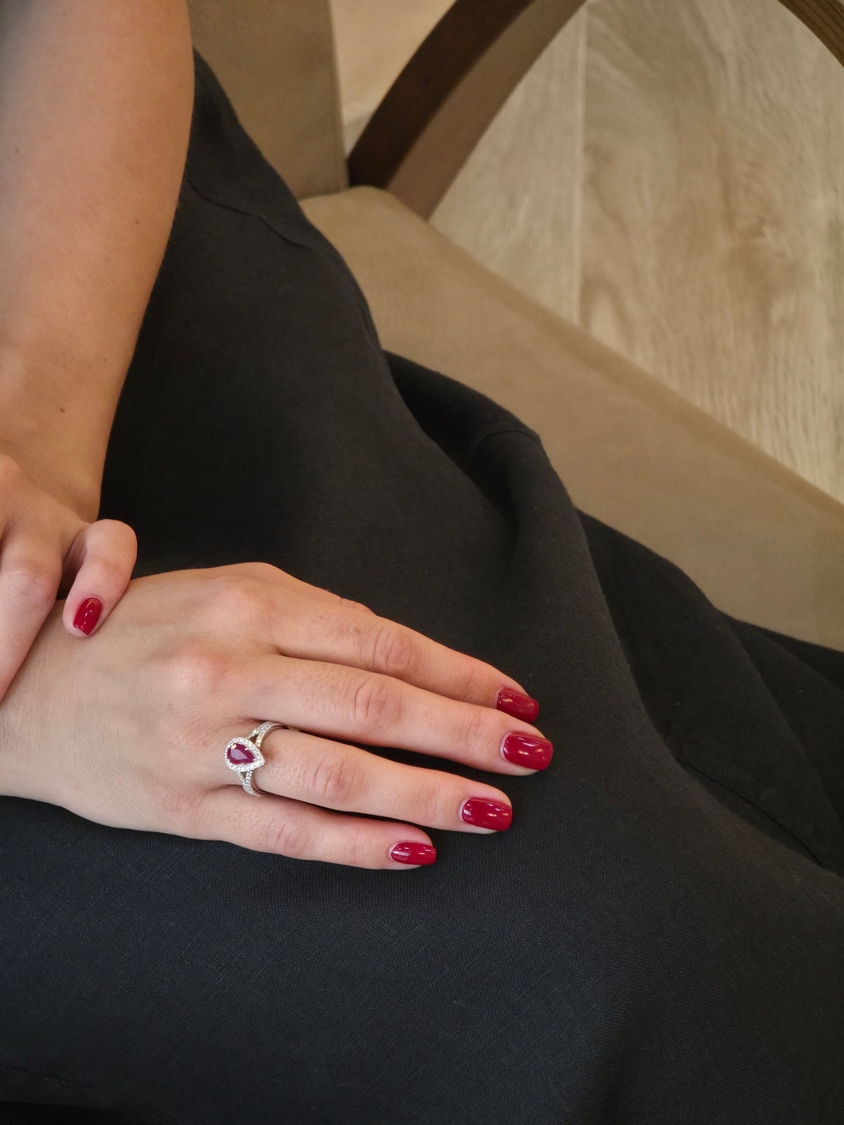 Elegant Pear Ruby Split-Shank Diamond Ring - additional view