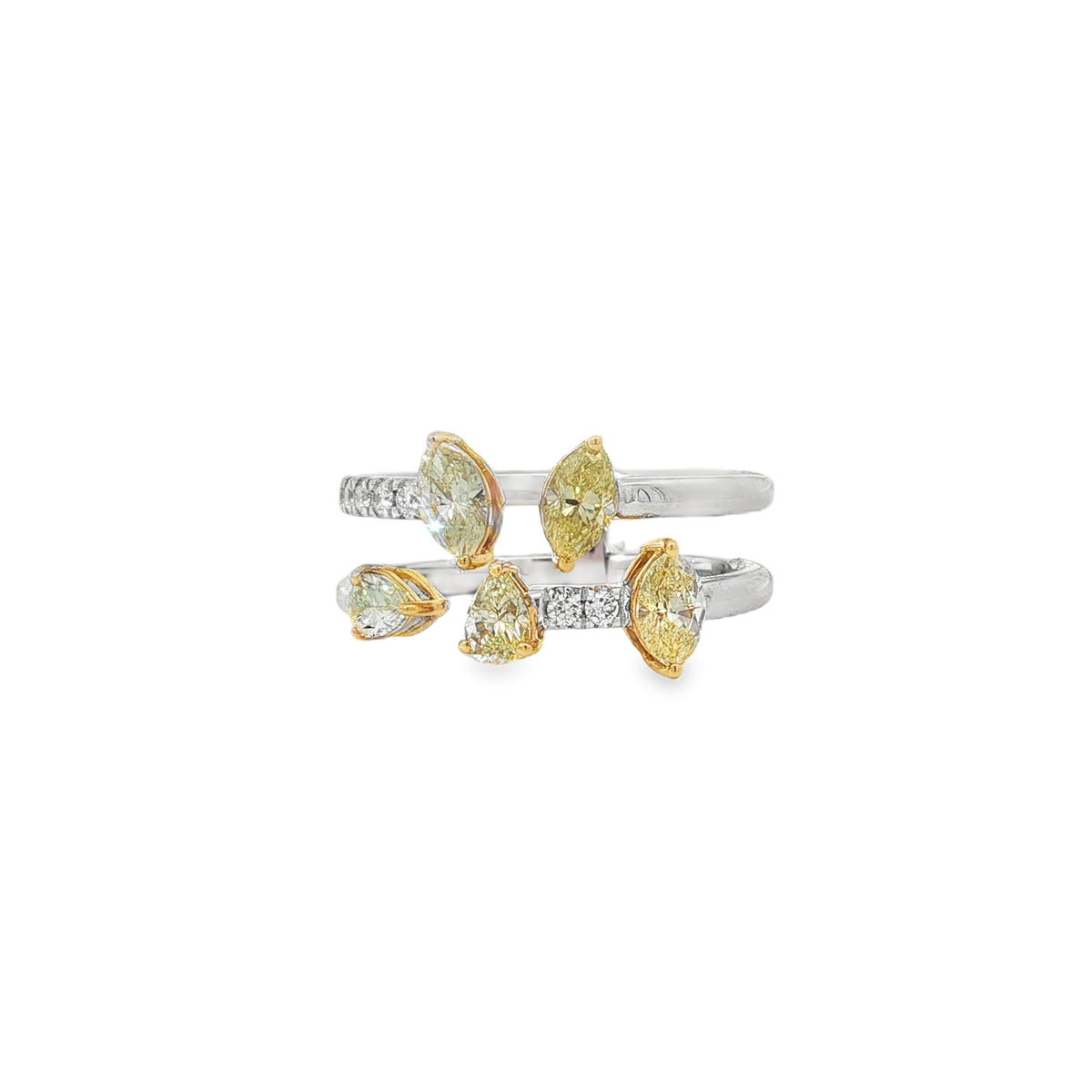 Two-tone gold double-band ring with pear, marquise and round diamonds