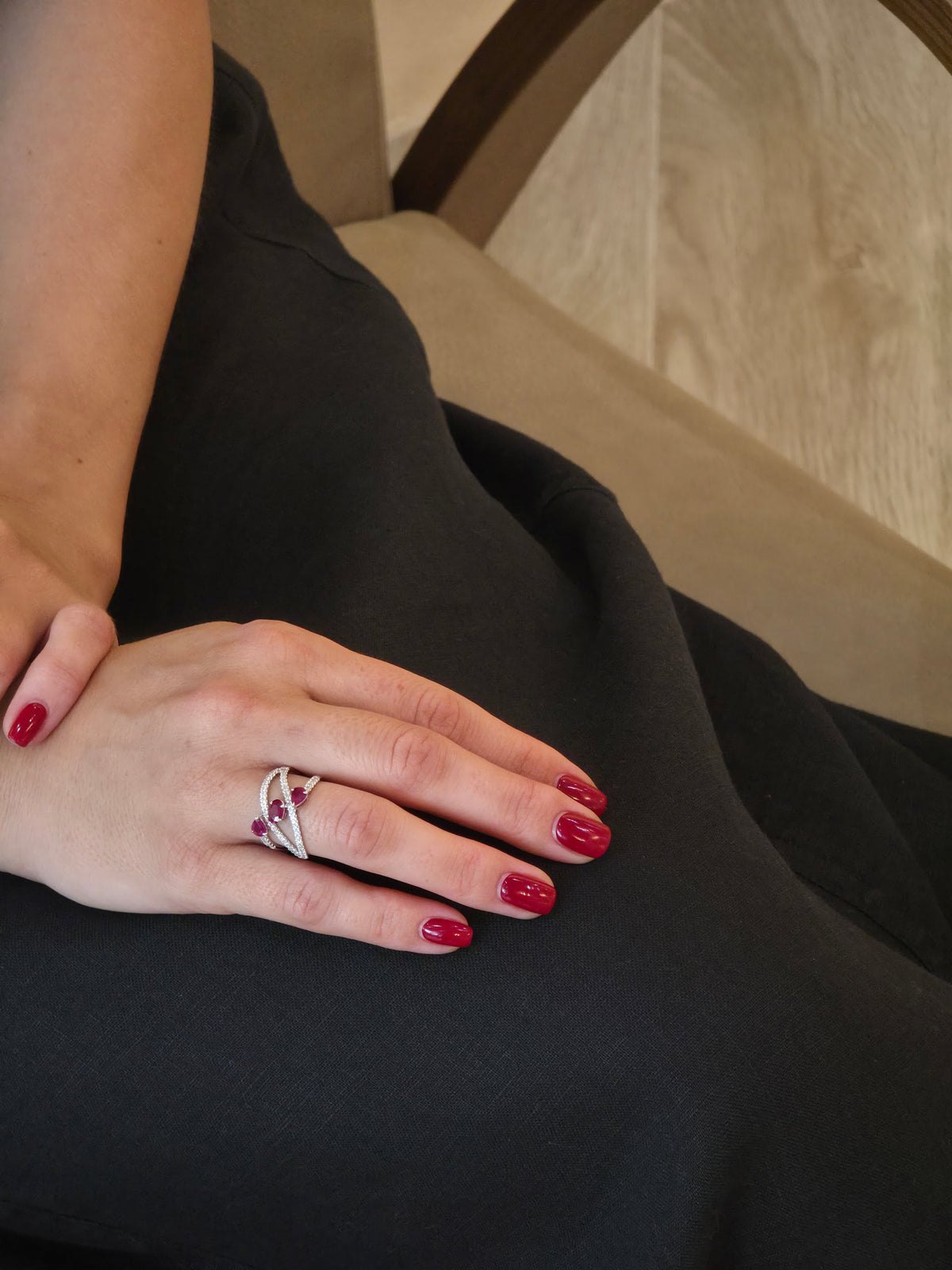 Striking Ruby Trio Diamond Spiral Ring - additional view