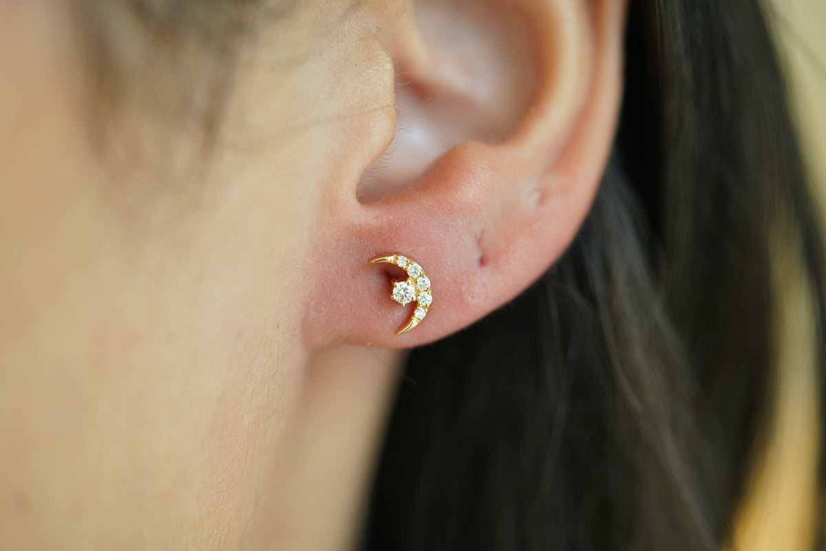 Diamond Crescent Yellow Gold Stud Earrings - additional view
