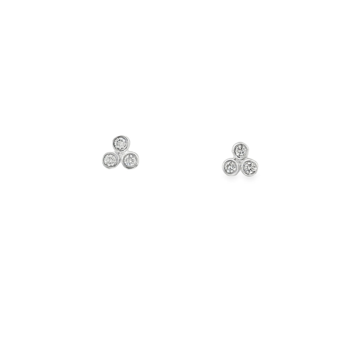 White gold trefoil stud earrings with three individually bezel-set round diamonds