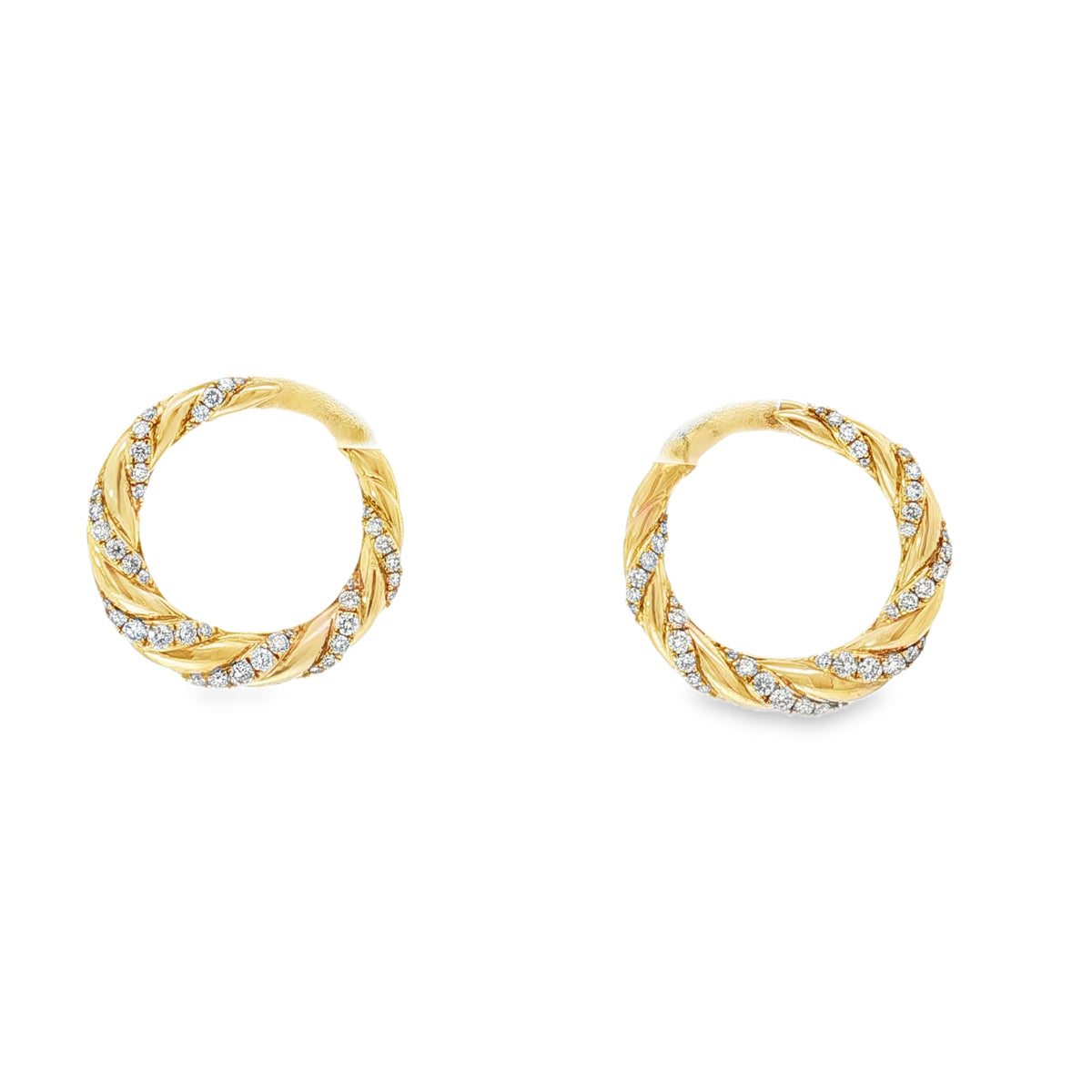 Twisted Diamond Yellow Gold Hoop Earrings front view