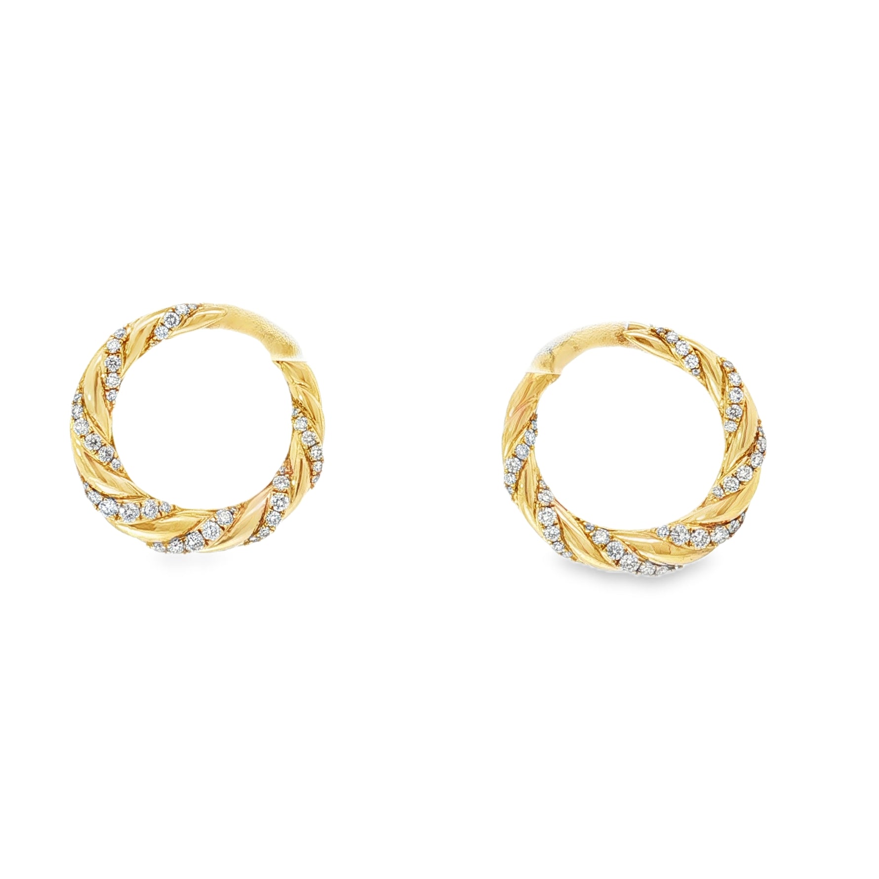 Twisted Diamond Yellow Gold Hoop Earrings front view