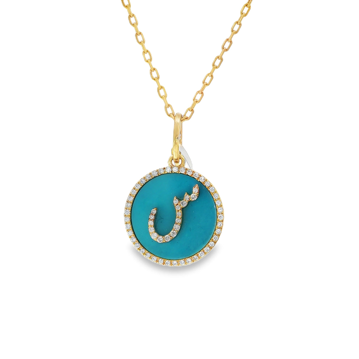 ش Turquoise Diamond Letter Yellow Gold Pendant front view