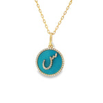 ش Turquoise Diamond Letter Yellow Gold Pendant front view