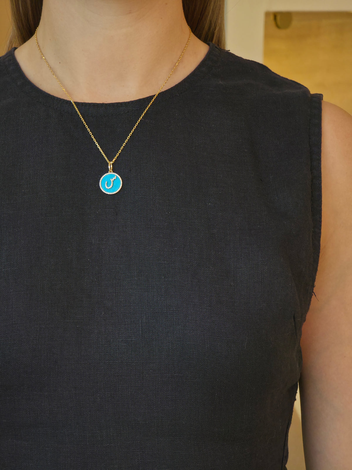 Turquoise Diamond Letter س Yellow Gold Pendant - additional view