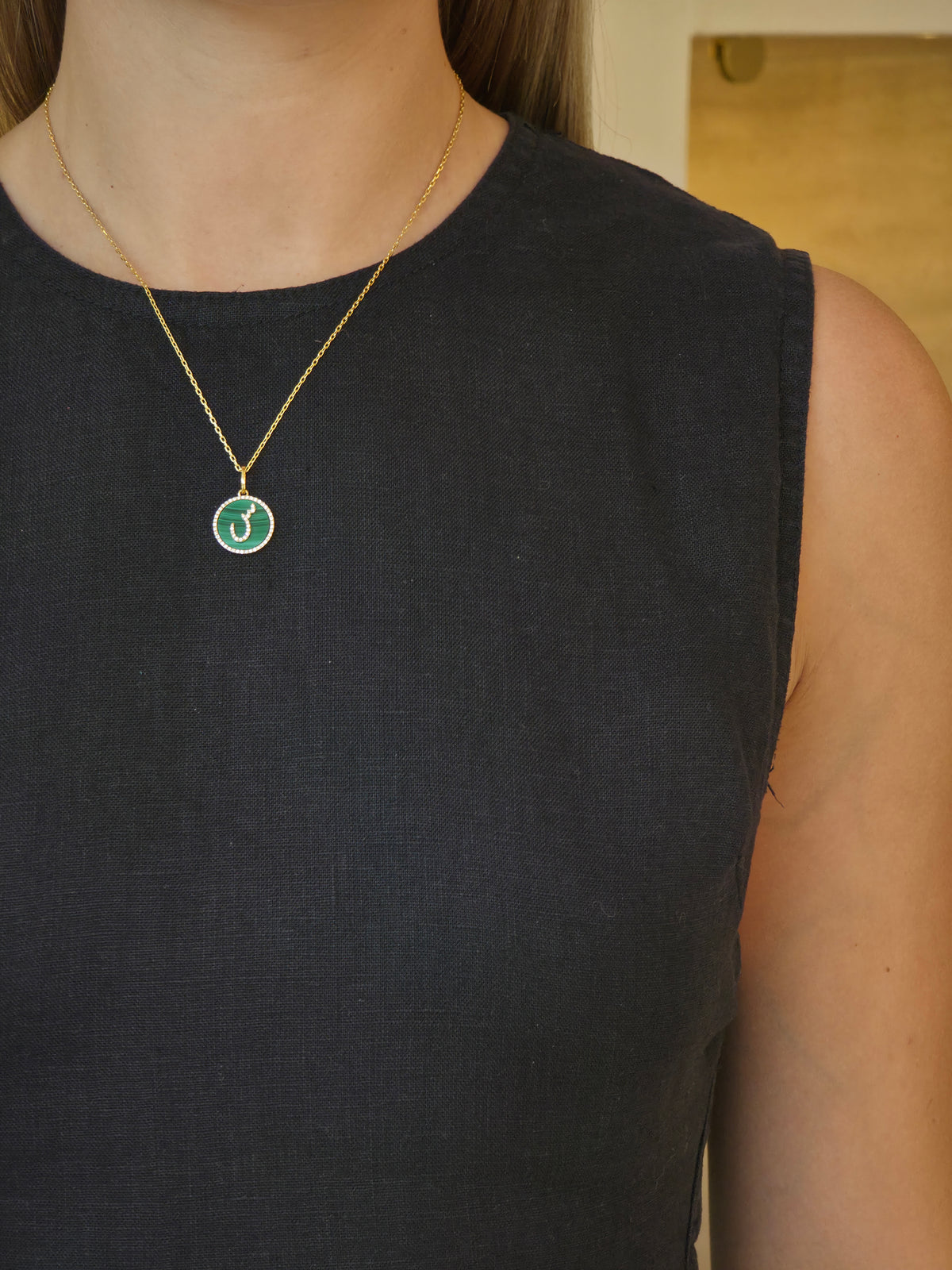 Malachite Diamond Letter س Yellow Gold Pendant - additional view