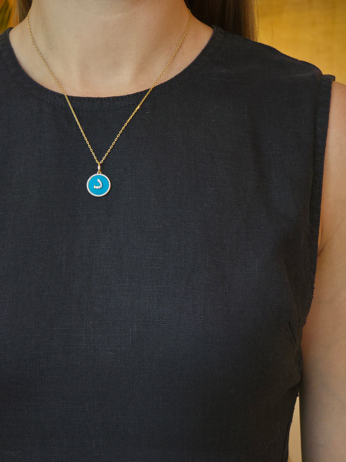 Turquoise Diamond Letter د Yellow Gold Pendant - additional view
