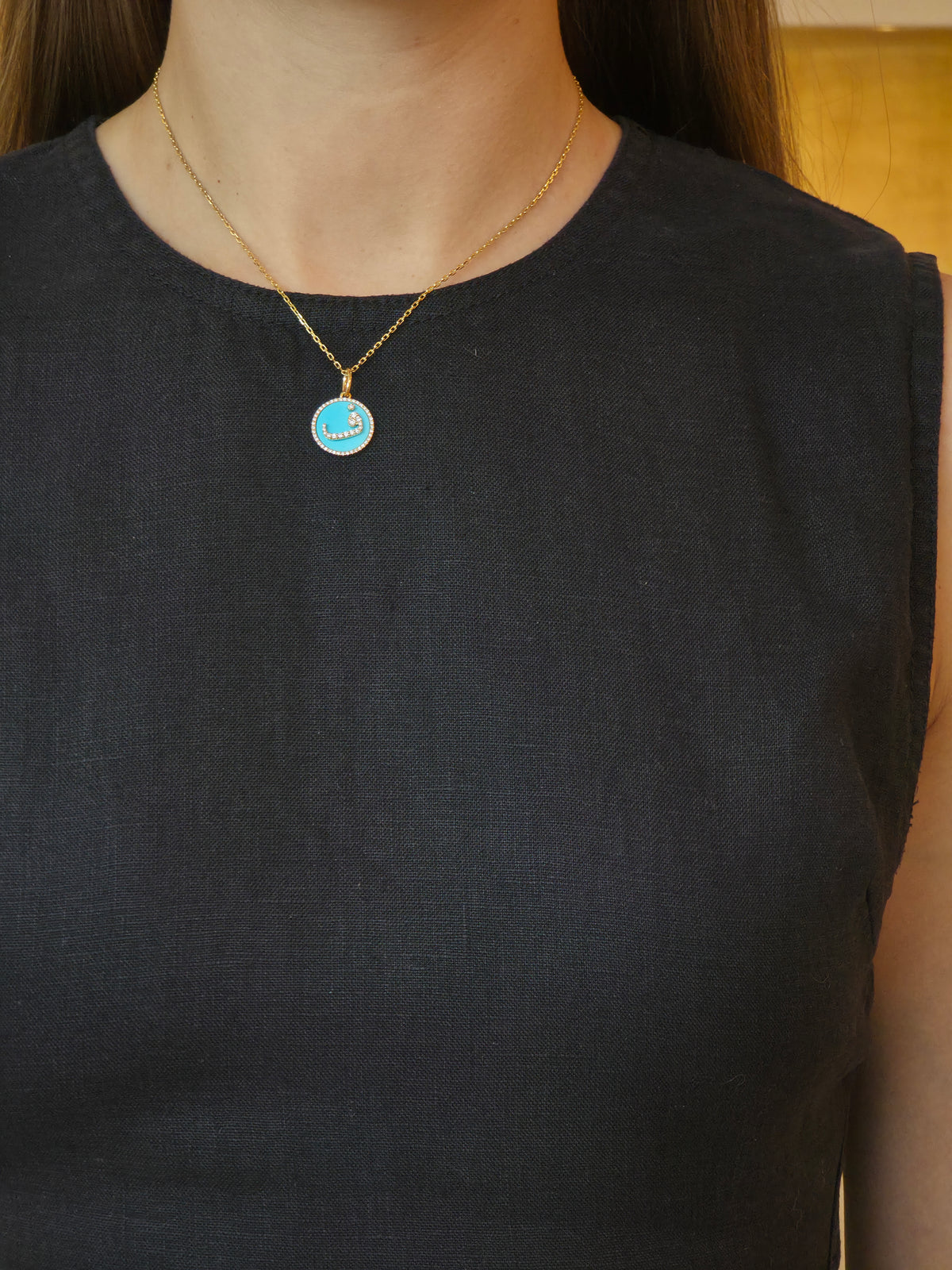 Turquoise Diamond Letter ف Yellow Gold Pendant - additional view
