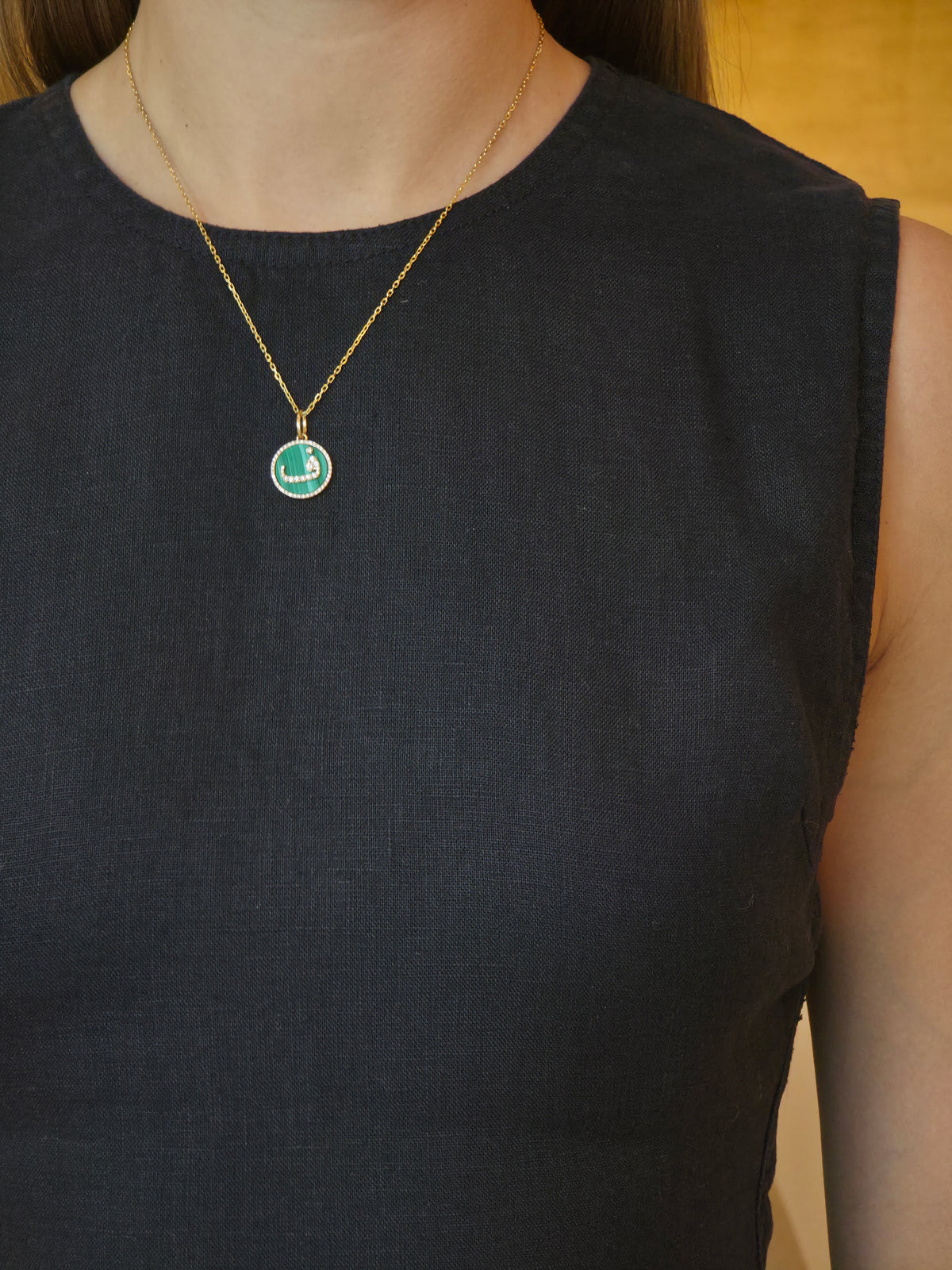 Malachite Diamond Letter ف Yellow Gold Pendant - additional view