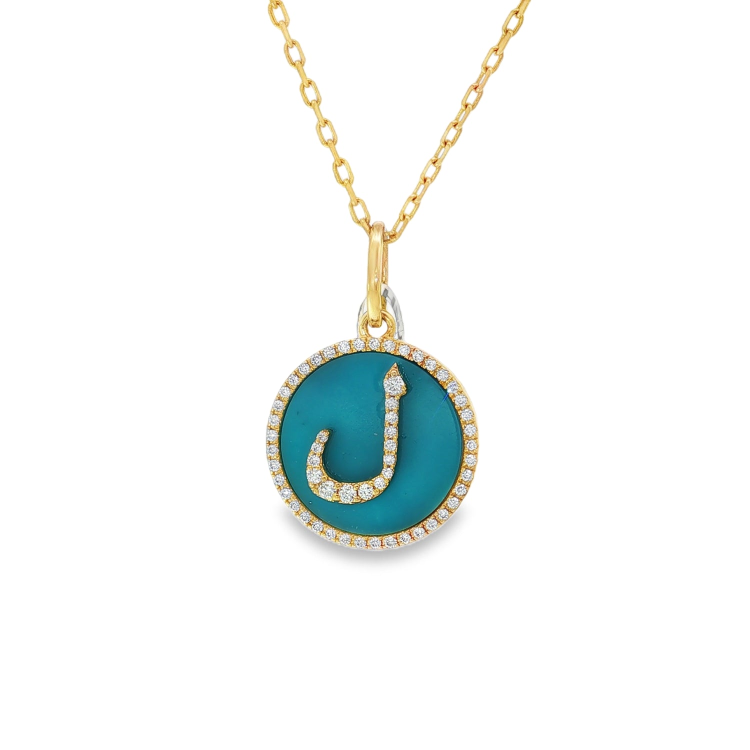 ل Turquoise Diamond Letter Yellow Gold Pendant front view