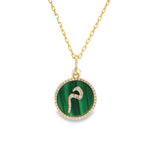 م Malachite Diamond Letter Yellow Gold Pendant front view