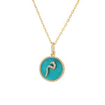 م Turquoise Diamond Letter Yellow Gold Pendant front view