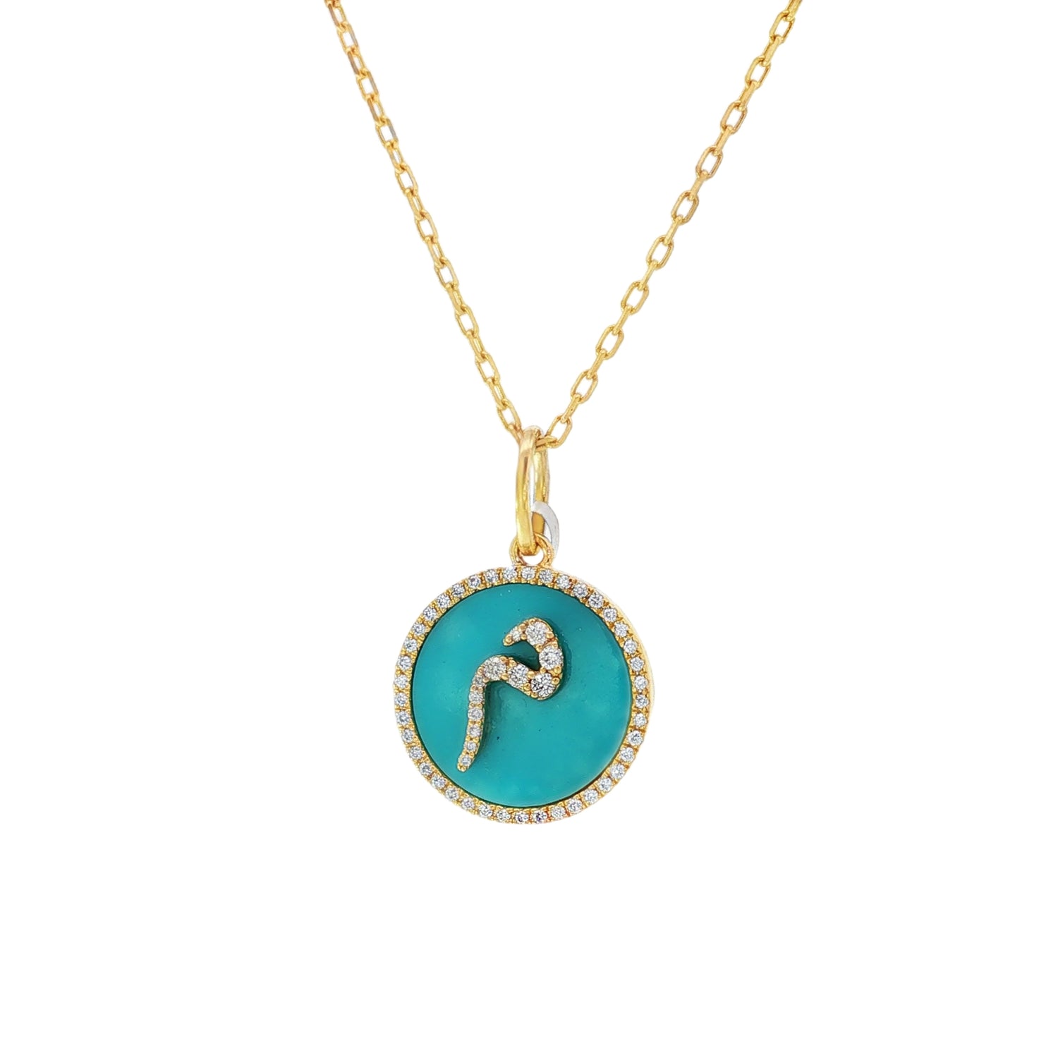 م Turquoise Diamond Letter Yellow Gold Pendant front view