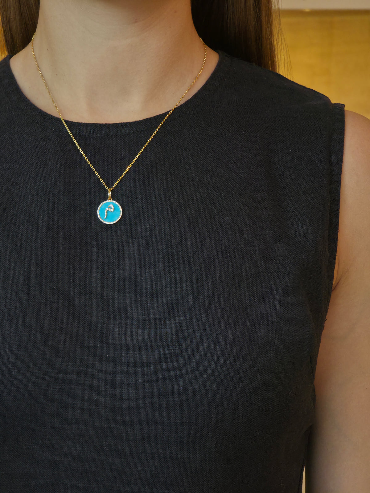 Turquoise Diamond Letter م Yellow Gold Pendant - additional view
