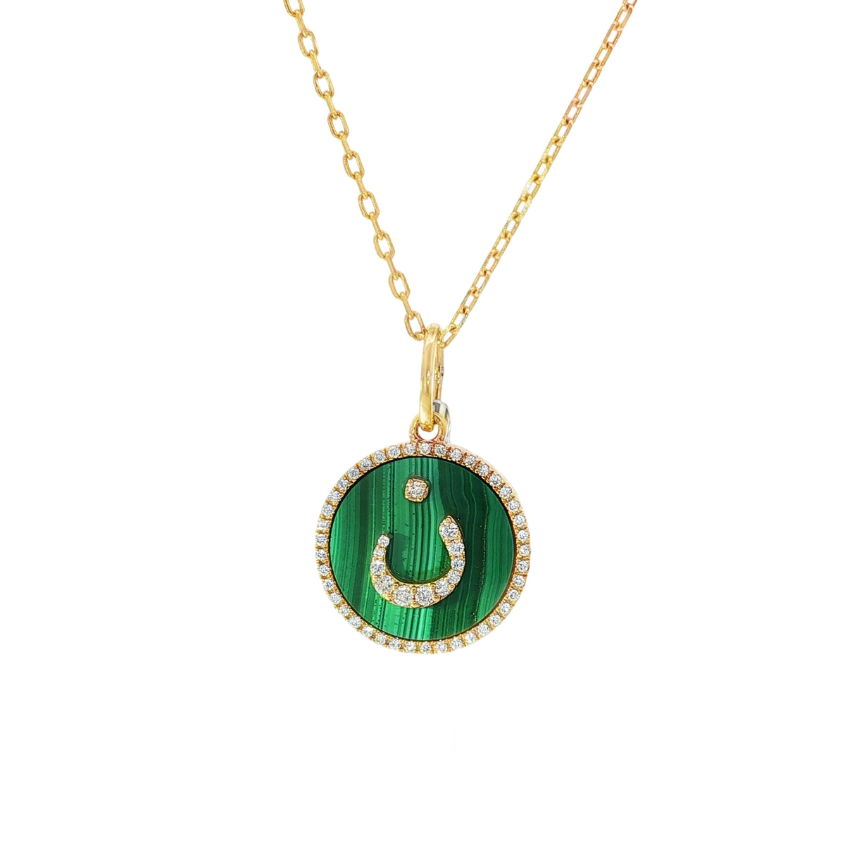 ن Malachite Diamond Medallion Yellow Gold Pendant front view