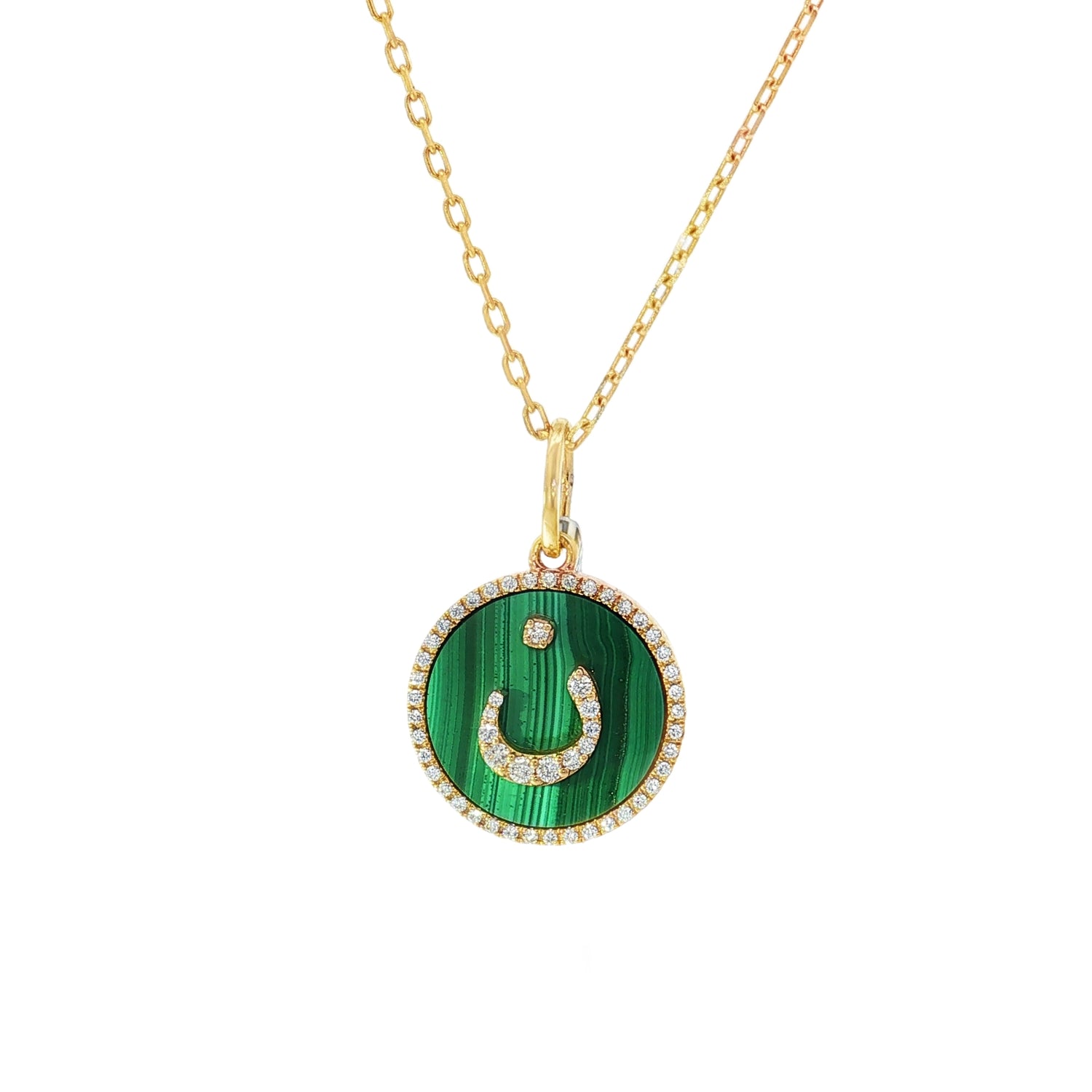 ن Malachite Diamond Medallion Yellow Gold Pendant front view