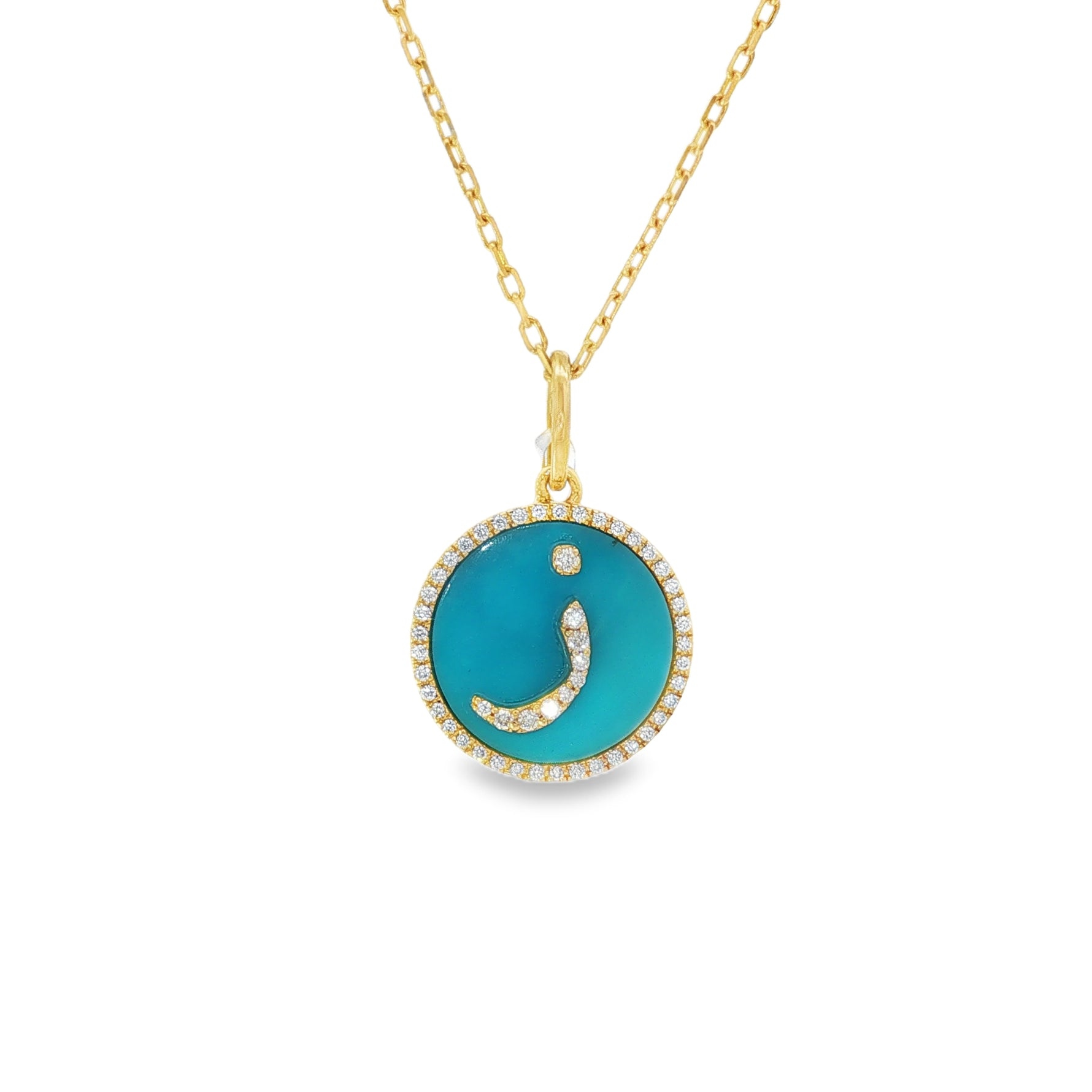 ز Turquoise Diamond Letter Yellow Gold Pendant front view