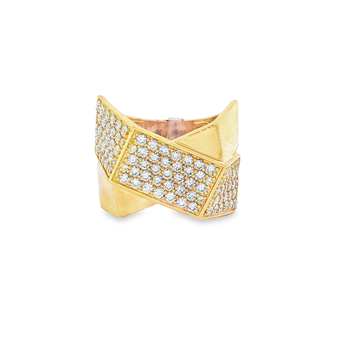 Crossed Pavé Diamond Yellow Gold Ring front view