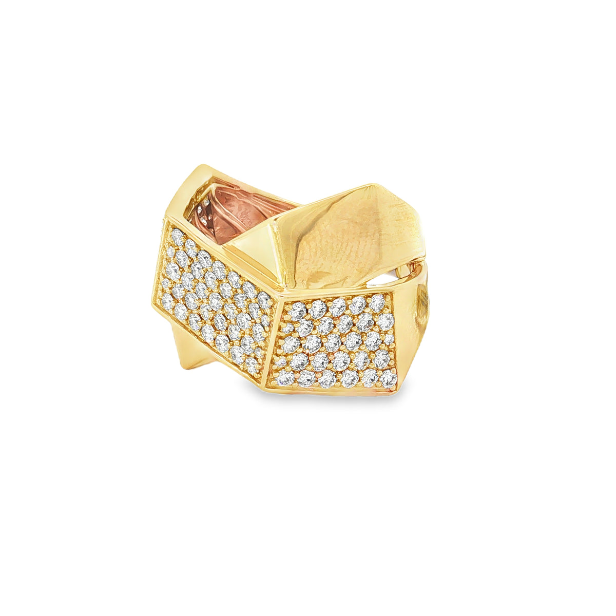 Crossed Pavé Diamond Yellow Gold Ring angled view