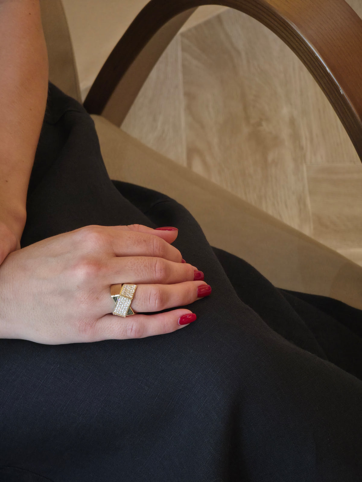 Crossed Pavé Diamond Yellow Gold Ring - additional view