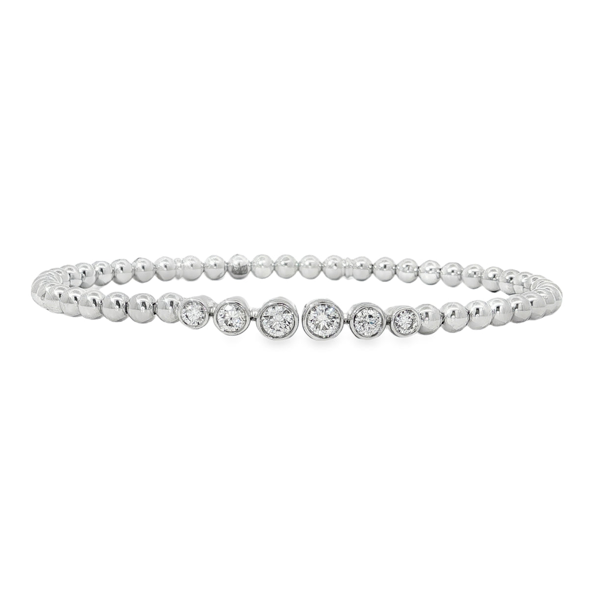 White gold beaded open bangle with graduated round diamonds in circular settings