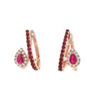 Rose gold ruby hoop earrings with pear-shaped ruby and diamond halo accents