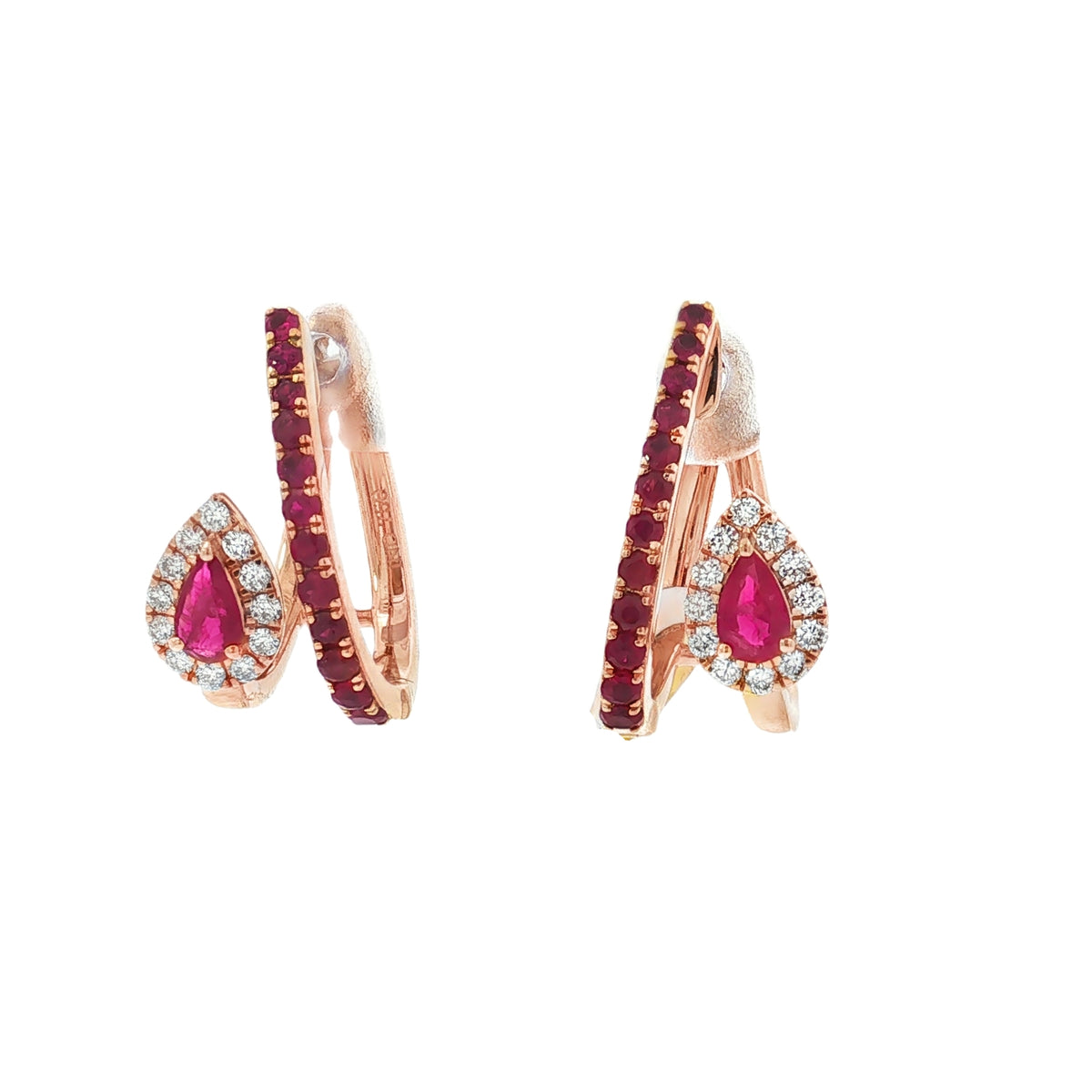Rose gold ruby hoop earrings with pear-shaped ruby and diamond halo accents