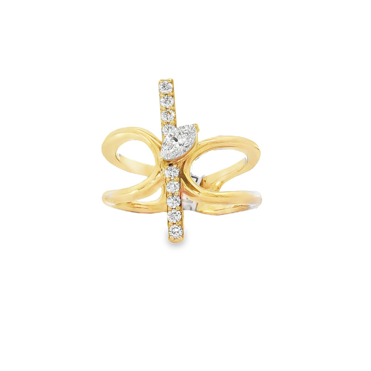Marquise Diamond Bow Yellow Gold Ring front view