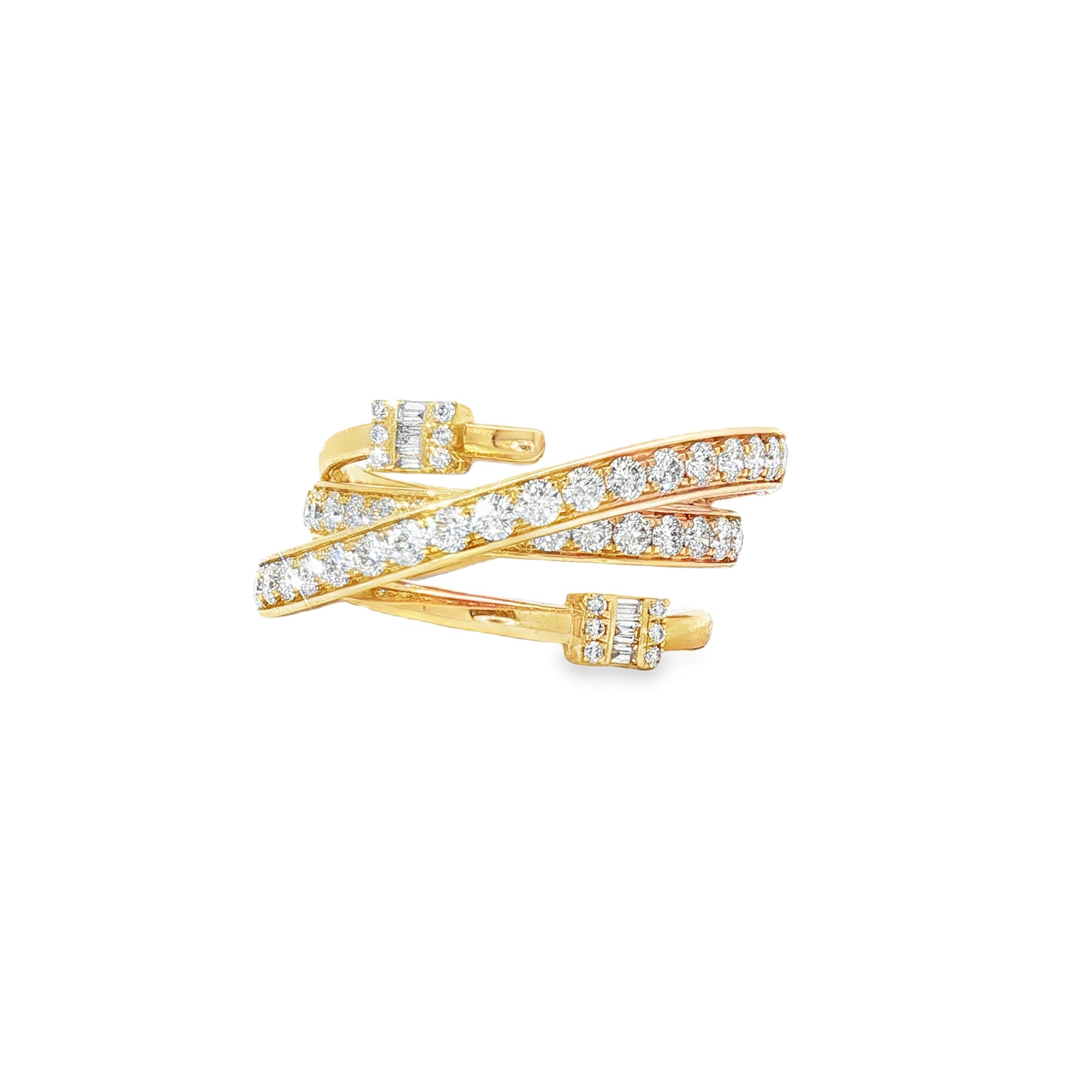 Baguette Diamond Crisscross Yellow Gold Ring front view
