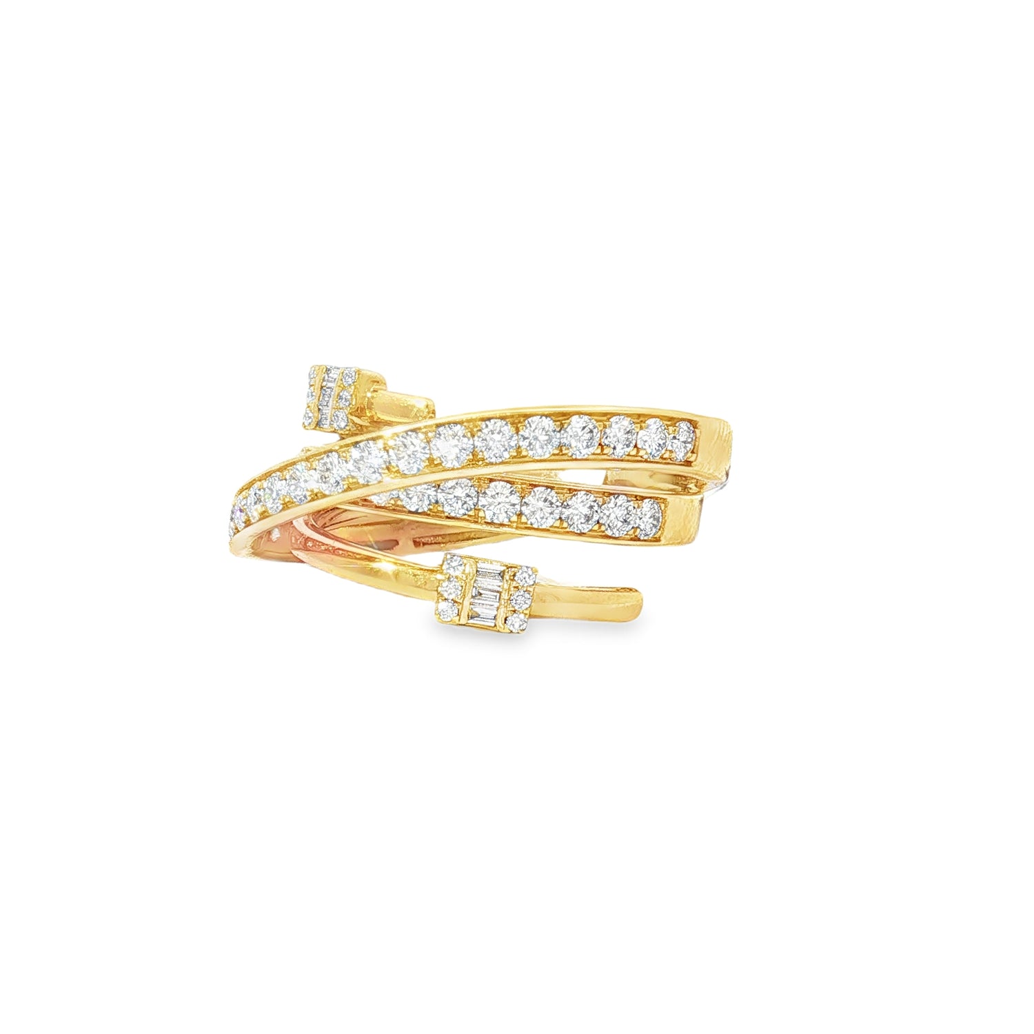 Baguette Diamond Crisscross Yellow Gold Ring angled view