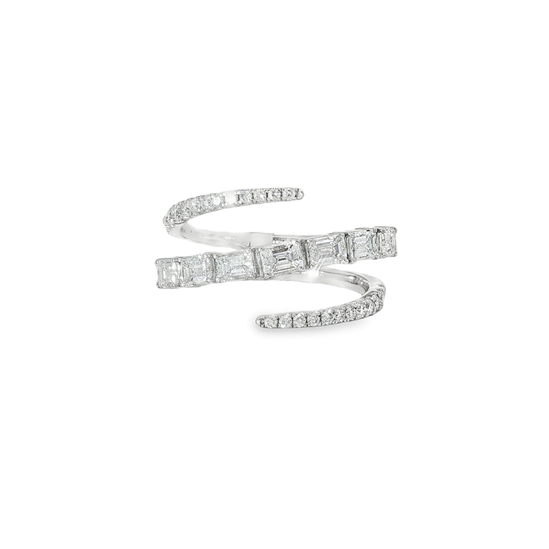 Emerald-Cut Diamond Layered Bypass Ring front view