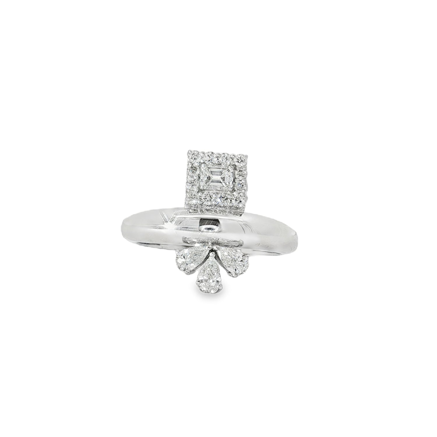 Pear and Emerald-Cut Diamond Open Ring front view