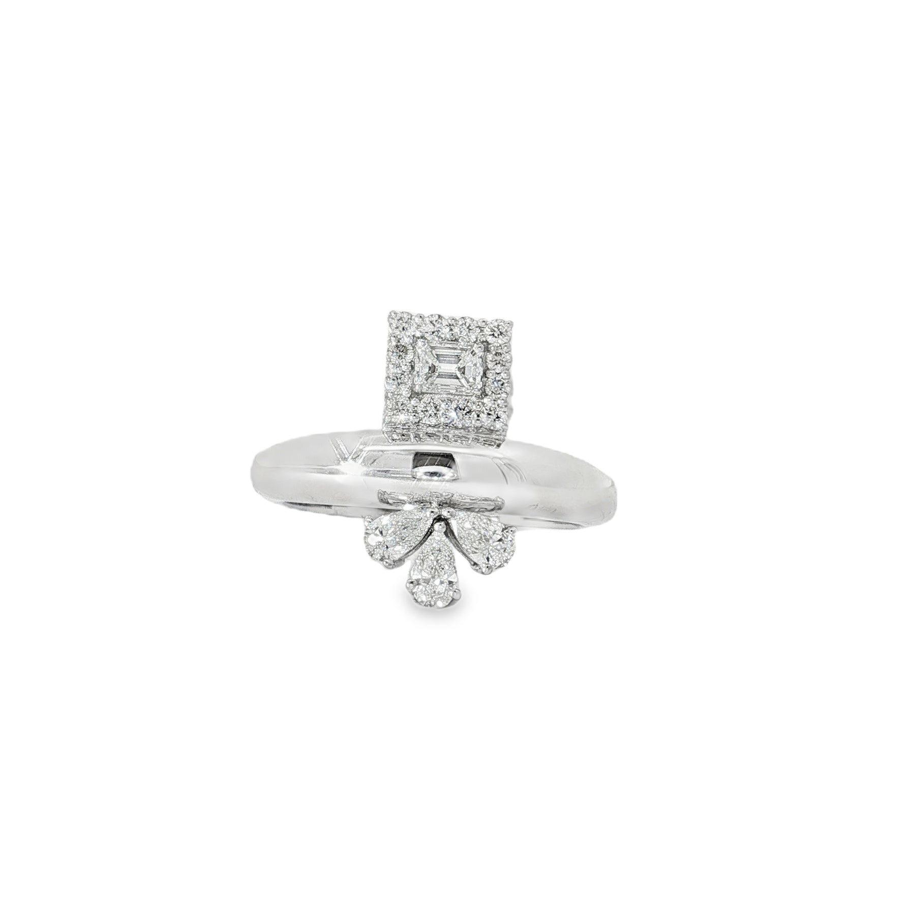 Pear and Emerald-Cut Diamond Open Ring front view