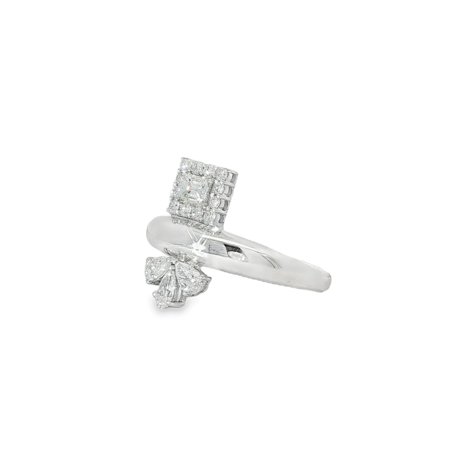 Pear and Emerald-Cut Diamond Open Ring angled view